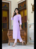 Anni Designer Women'S Cotton Blend Traditional Straight Printed Kurta And Pant Set (Danapa Purple-Cmd_S_Purple_Small),Purple,S,Cotton Blend,Regular,Kurta