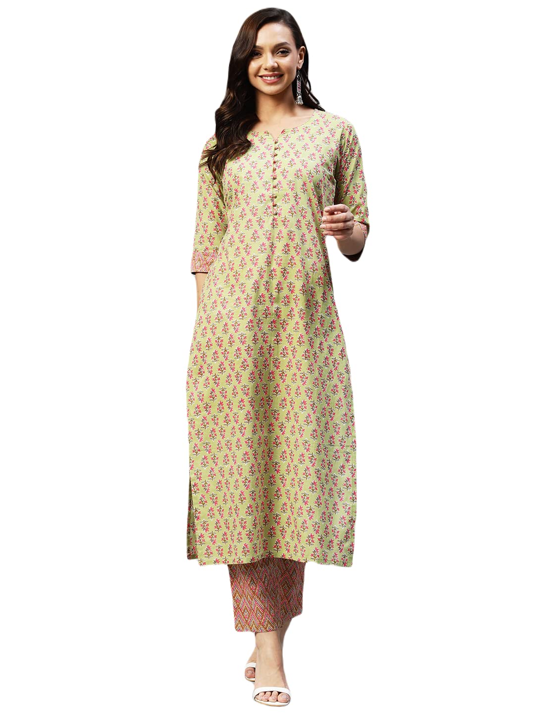 Anni Designer Women'S Cotton Blend Straight Printed Kurta With Pant (Padwil Green_S_ Green_Small),Green,S