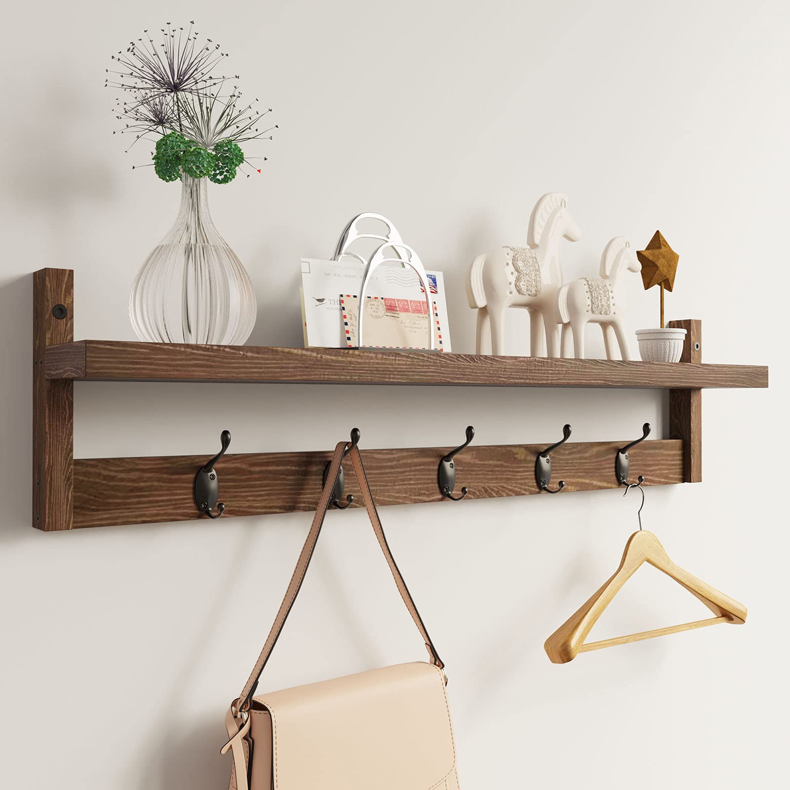 AMBIRD Wall Hooks with Shelf 28.9 Inch Length Entryway Wall Hanging Shelf Wood Coat Hooks for Wall with Shelf Wall-Mounted Coat 