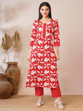Anni Designer Women'S Cotton Blend Printed Straight Kurta With Pant (Pustak Red-Vks05_Xxl_Red_Xx-Large),Red,2XL,,,