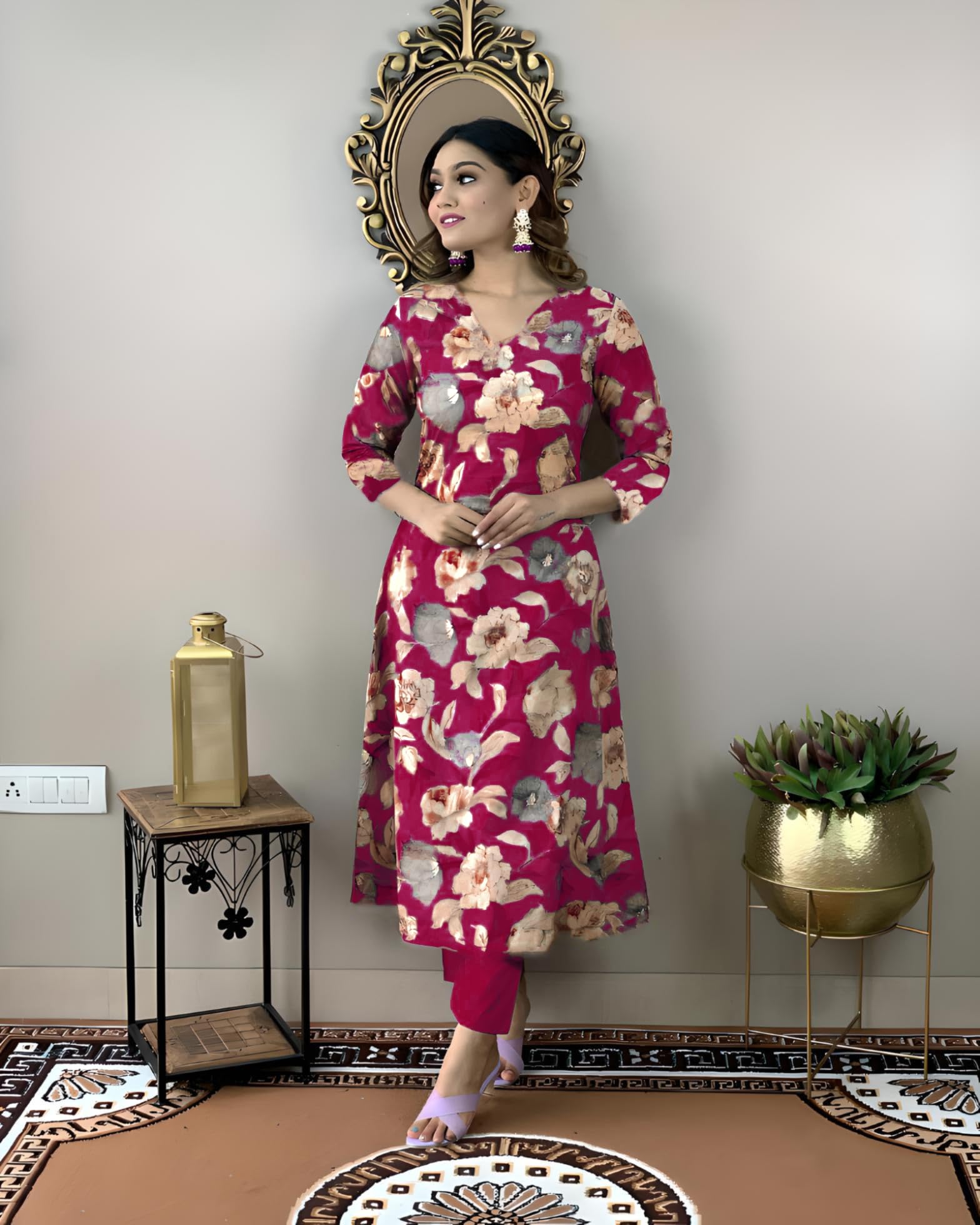 Anni Designer Women'S Cotton Blend Straight Printed Kurta With Pant (Dhun Pink_L_Pink_Large),Pink,L,Rayon Blend,Regular,