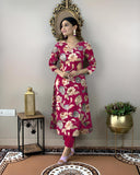 Anni Designer Women'S Cotton Blend Straight Printed Kurta With Pant (Dhun Pink_L_Pink_Large),Pink,L,Rayon Blend,Regular,
