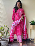 Anni Designer Women'S Cotton Blend Straight Printed Kurta With Pant & Dupatta (Noor Pink_M_Pink_Medium),Pink,M,,,