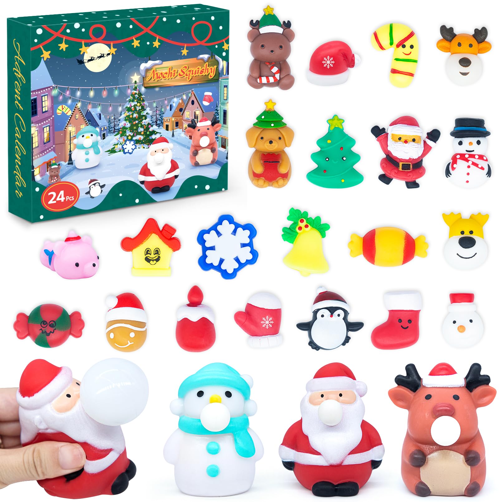 Advent Calendar 2025 with 3 Cute Jumbo and 21 Mochi Squishy Toys - 24 Days Christmas Countdown Calendar Gifts for Kids Girls Boy