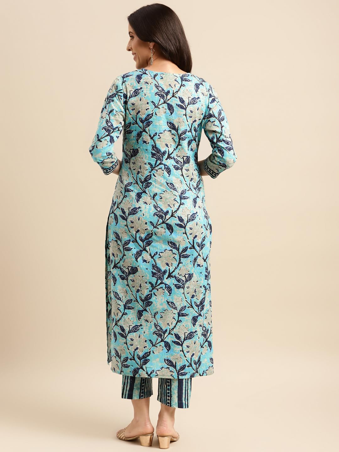 Anni Designer Women'S Cotton Blend Straight Printed Kurta With Pant (Saanvi Navy Blue-Nw_M_Navy Blue_Medium),Navy Blue,M,Cotton Blend,Regular,Kurta