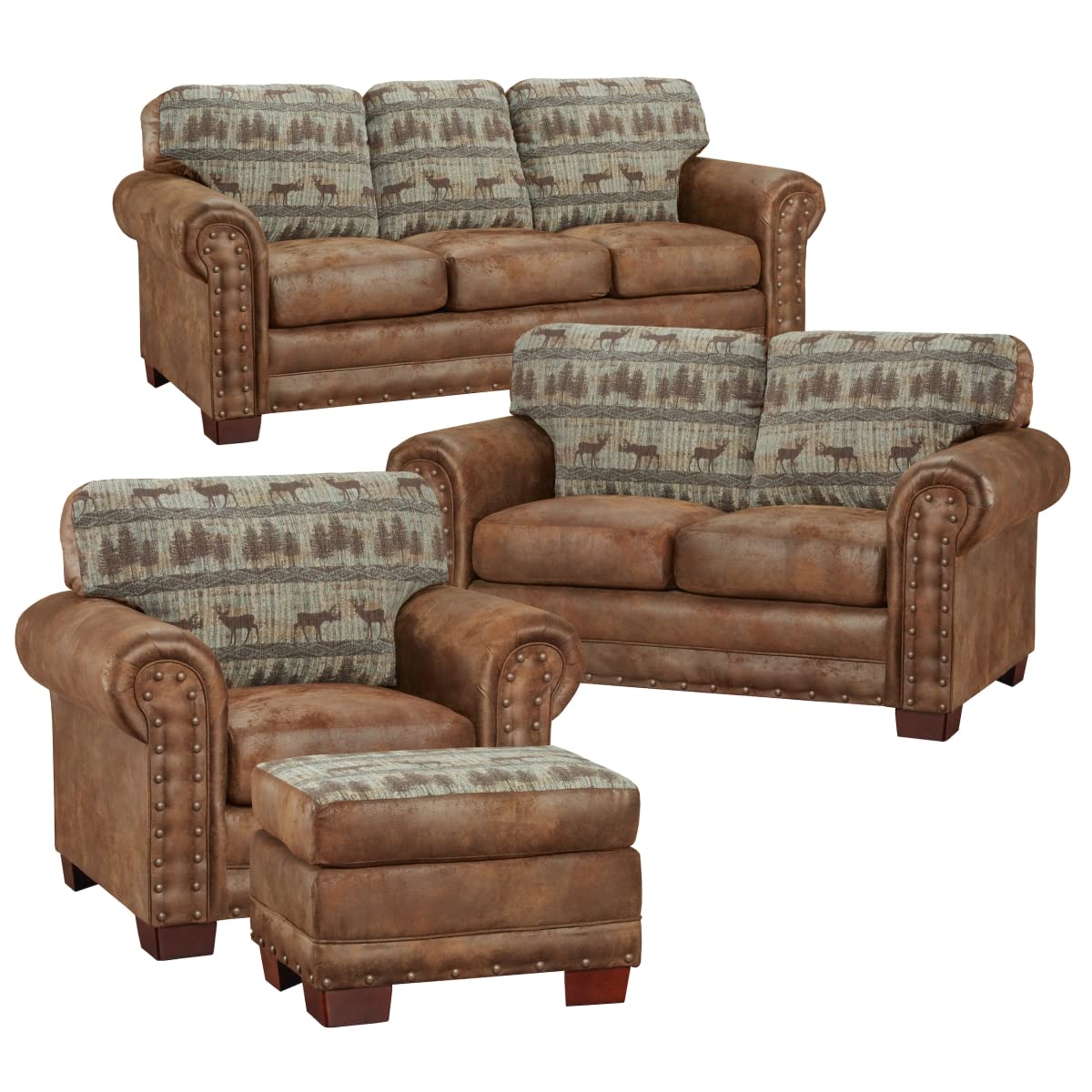 American Furniture Classics Model 8500-90K Deer Teal Lodge 4-Piece Living Room Set, Brown