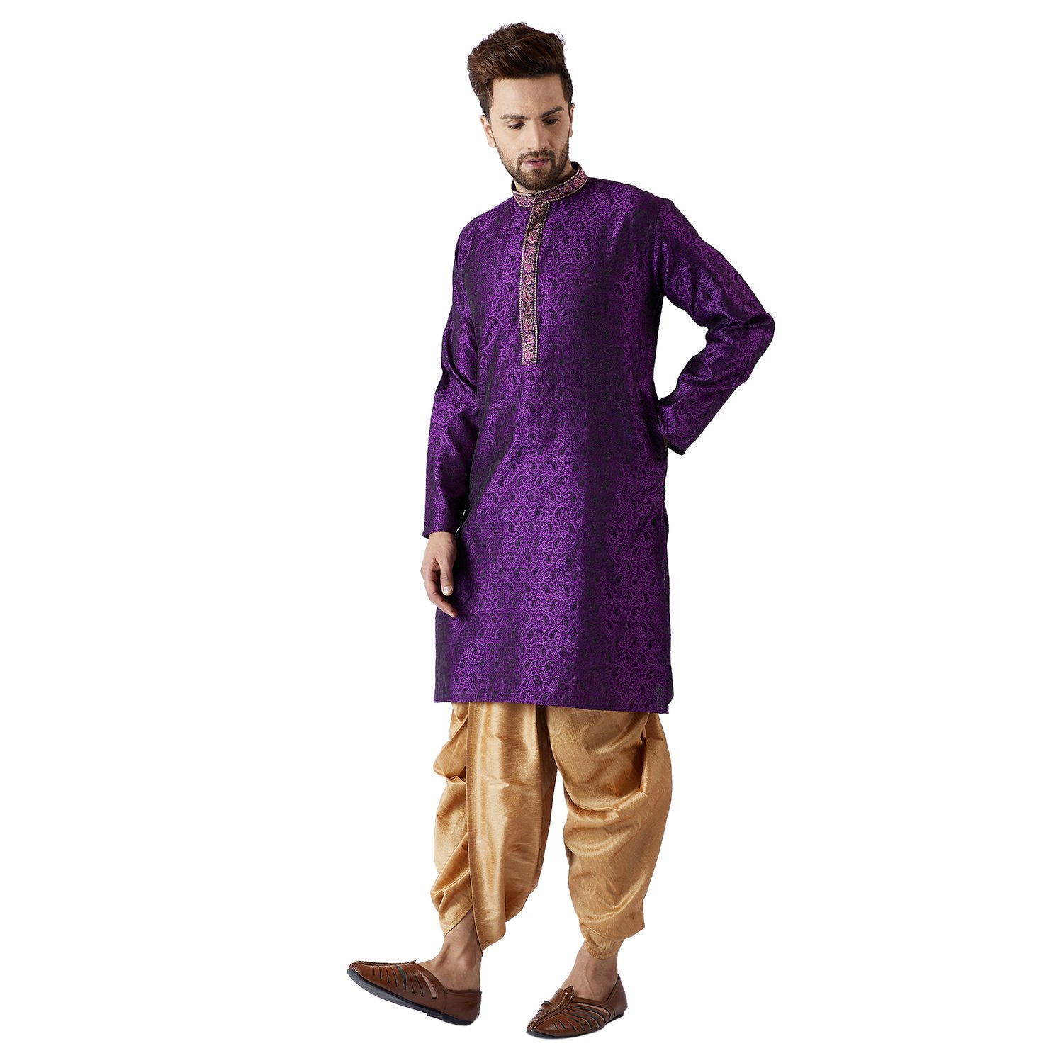 Sojanya (Since 1958, Men'S Purple & Gold Silk Blend Kurta & Dhoti Set, Size: L
