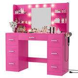 Furmax Vanity Desk with Mirror, LED Lights and Power Outlet Makeup Vanity Table with 7 Drawers and 6 Storage Shelves Dressing Ta