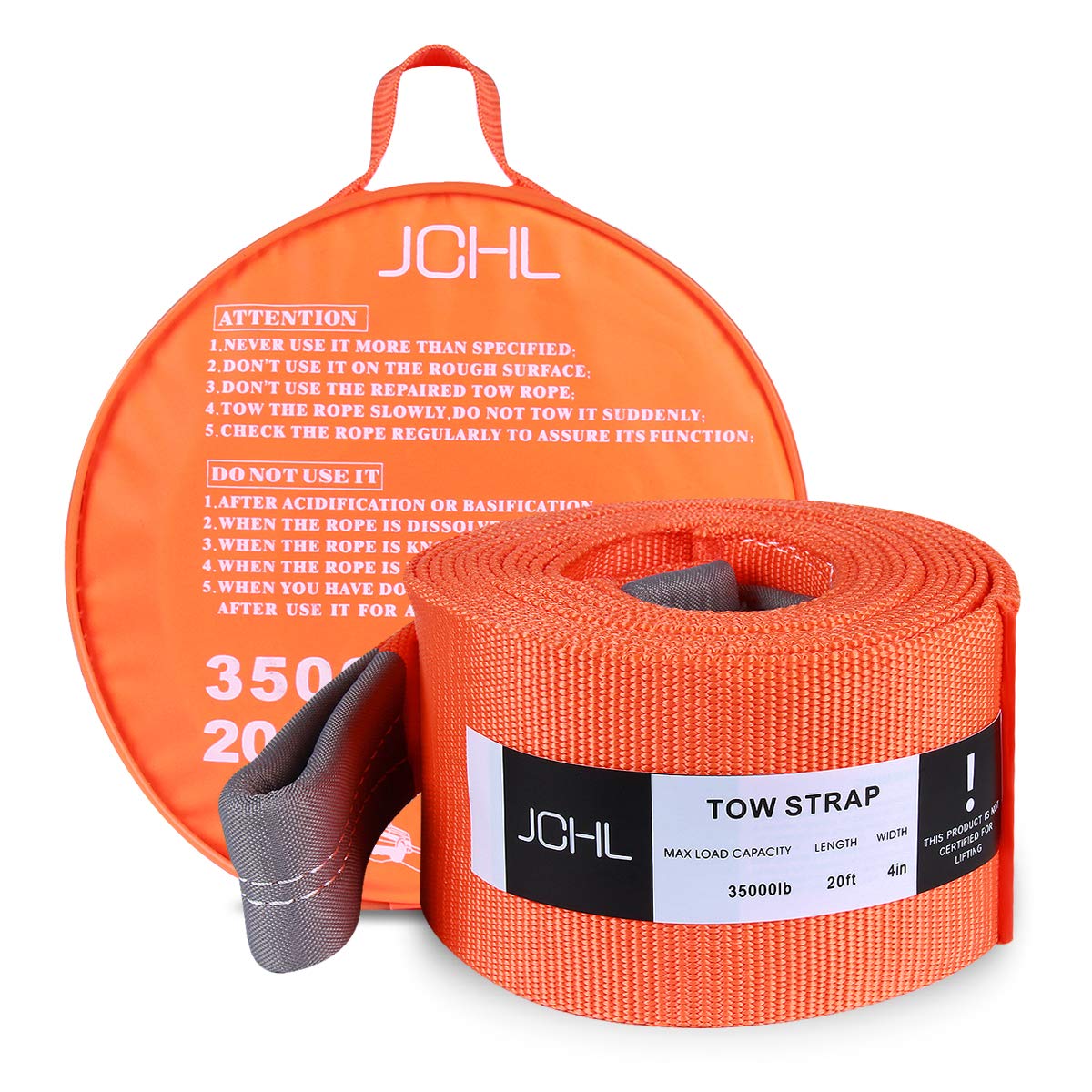 Jchl Recovery Tow Strap Heavy Duty Draw String 4 X20Ft 35000Lbs (18Ton) Rated Capacity Off Road Towing Rope Reinforced Loops S