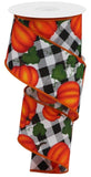Halloween Wired Ribbon, Black White Buffalo Plaid and Pumpkins 2.5 Inches X 10 Yards