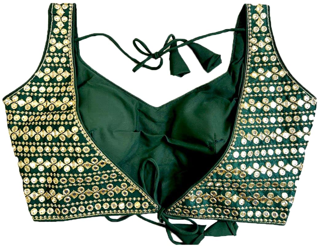 Vihu Fashion Womens Readymade Sweetheart Neck Sleeveless Mirror Saree Blouse.(Paper Foil Bottle Green_38)