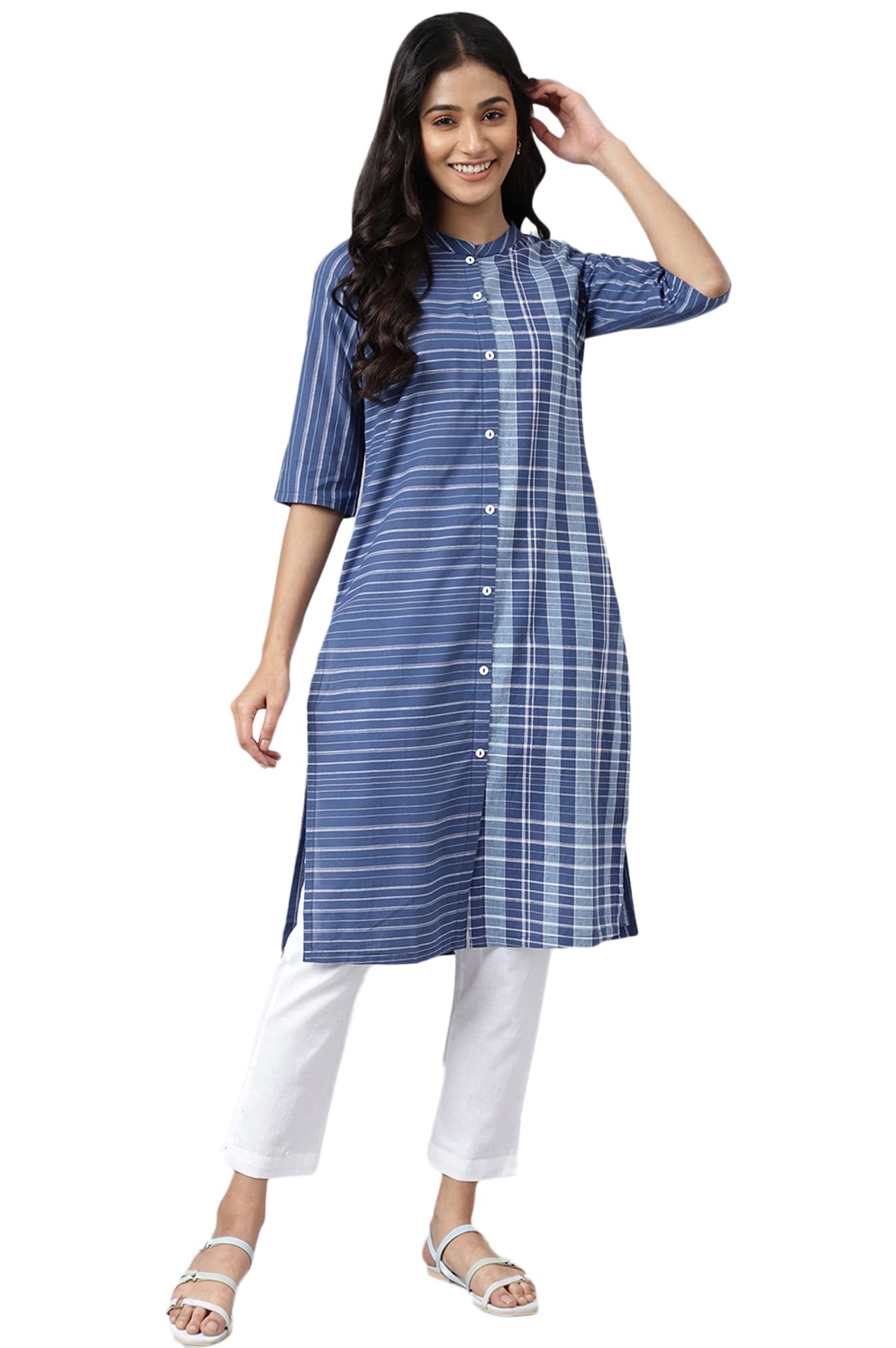 Aurelia Women Deep Blue Dobby Geometric Yarn Dyed Straight Kurta_22AUA13368-703590_S