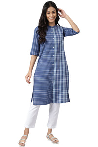 Aurelia Women Deep Blue Dobby Geometric Yarn Dyed Straight Kurta_22AUA13368-703590_S