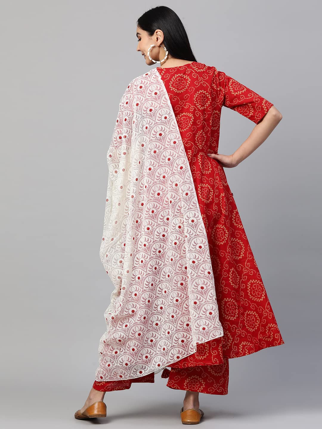 Anni Designer Women'S Cotton Anarkali Kurta With Palazzo & Dupatta (Ruchi Red_S_Red_Small),Red,S,Cotton Blend,Anarkali,Dupatta