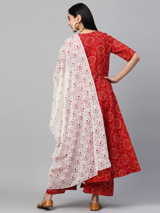 Anni Designer Women'S Cotton Anarkali Kurta With Palazzo & Dupatta (Ruchi Red_Xl_Red_X-Large),Red,XL,Cotton Blend,Anarkali,Dupatta
