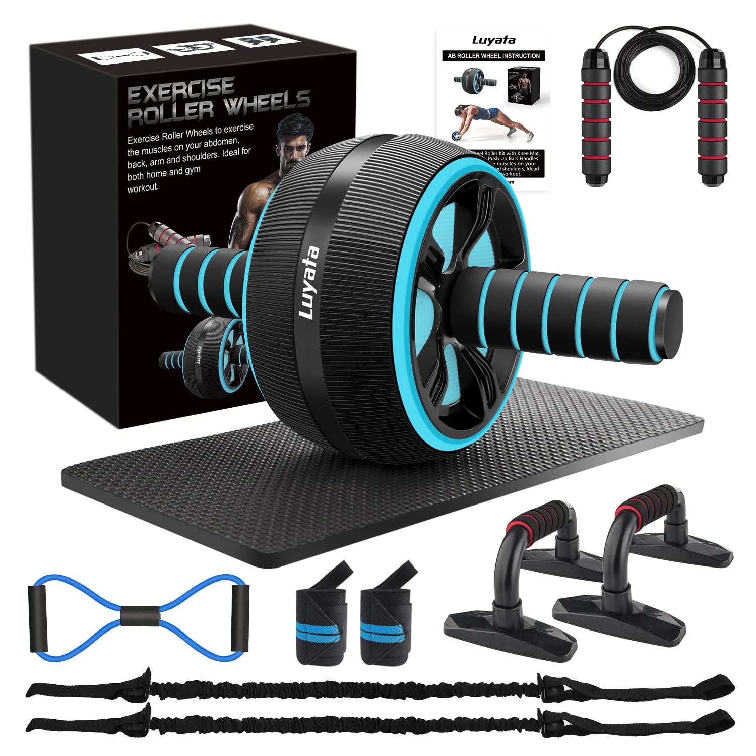 10-In-1 Ab Wheel Roller Kit with Resistance Bands, Knee Mat, Jump Rope, Push-Up Bar - Home Gym Equipment for Men Women (Blue)