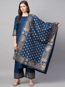 Gosriki Women'S Cotton Straight Kurta With Palazzo & Dupatta (Kpzd-Cot-10098-Blue_S-Go_Blue_Small),Blue,,B09P65VDVD