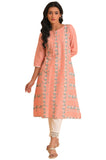 W for Woman Peach Glitter Printed A-line Kurta_23FEW18649-120097_XL
