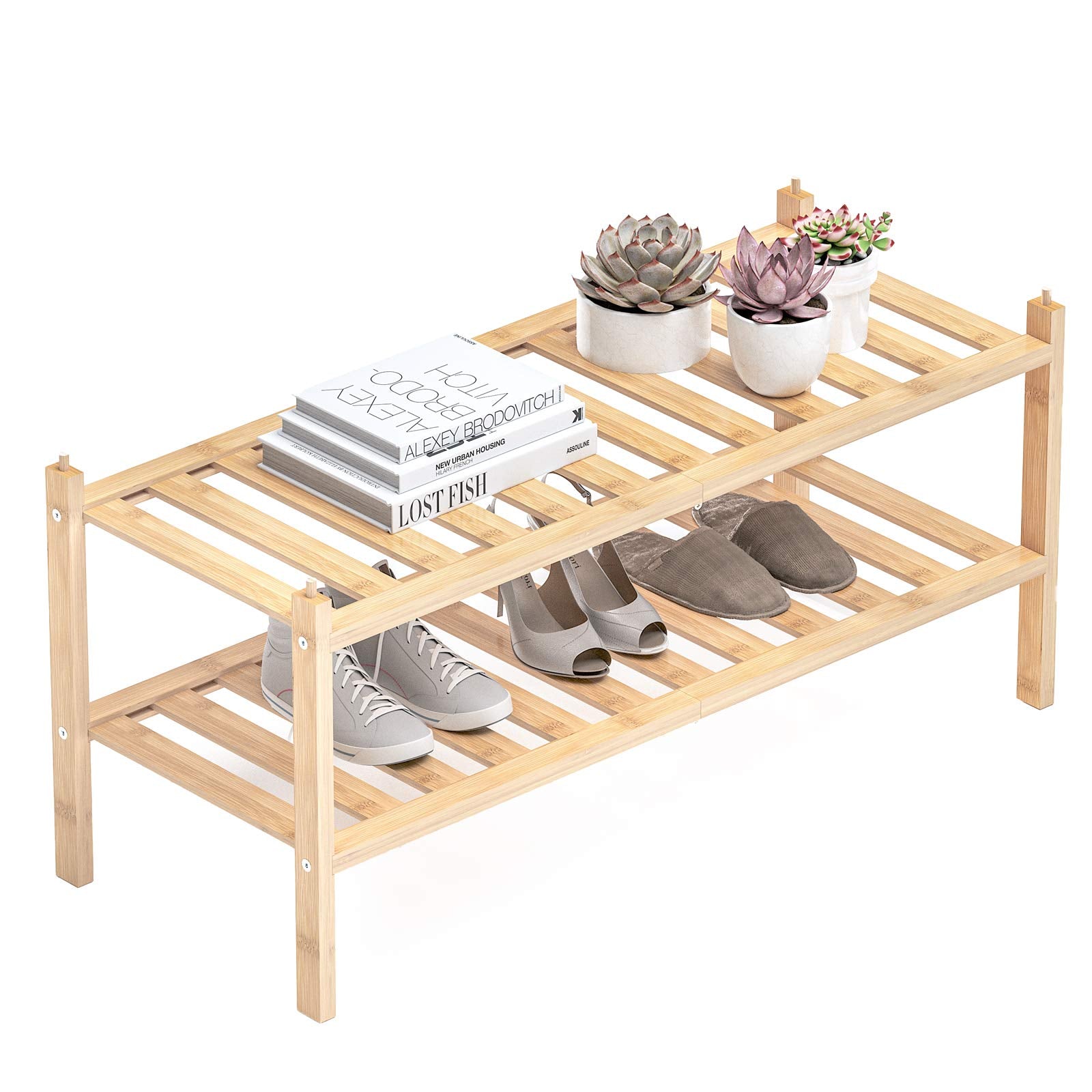 Dranixly Shoe Rack, 2-Tier Bamboo Stackable Shoe Shelf Storage Organizer, Shoe Stand For Closet, Entryway, Hallway, Bathroom And