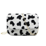 Women Faux Fur Shoulder Bag Fluffy Plush Handbag Cow Print Clutch Wallet With Chain Strap For Teen Girls Ladies