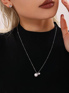 Silver Chain Necklace with Shell Pearls & Zircon Accents 16.5''+1.9'' Adjustable Stainless Steel Elegant Gift for Women