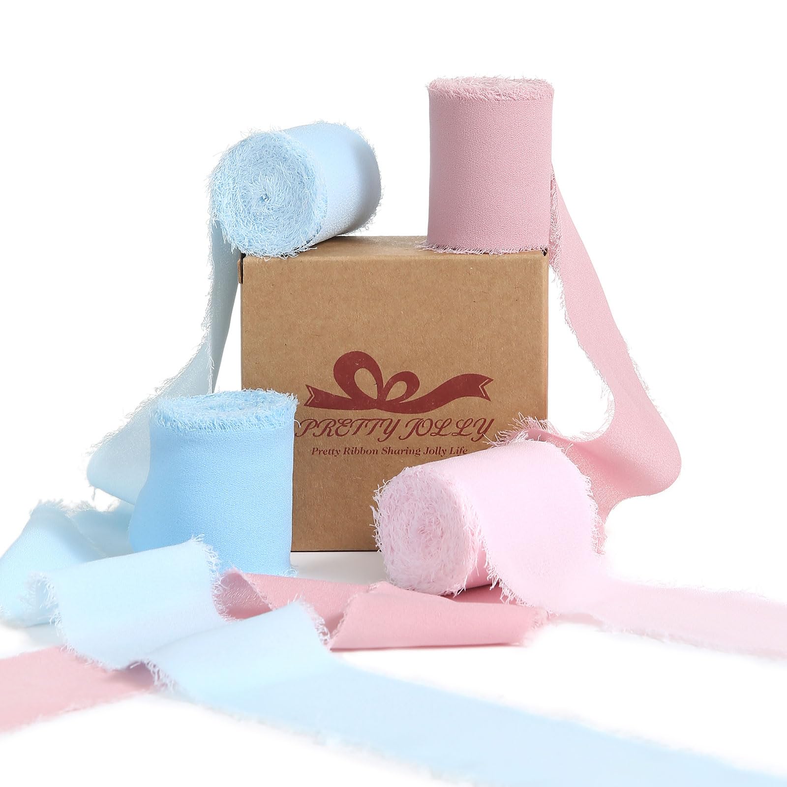 Pretty Jolly Blue Pink Chiffon Ribbon for Gift Wrapping 4 Rolls 2 Inch x 5Yd Silk Ribbons Handmade Fringe Fabric Ribbon for Flow