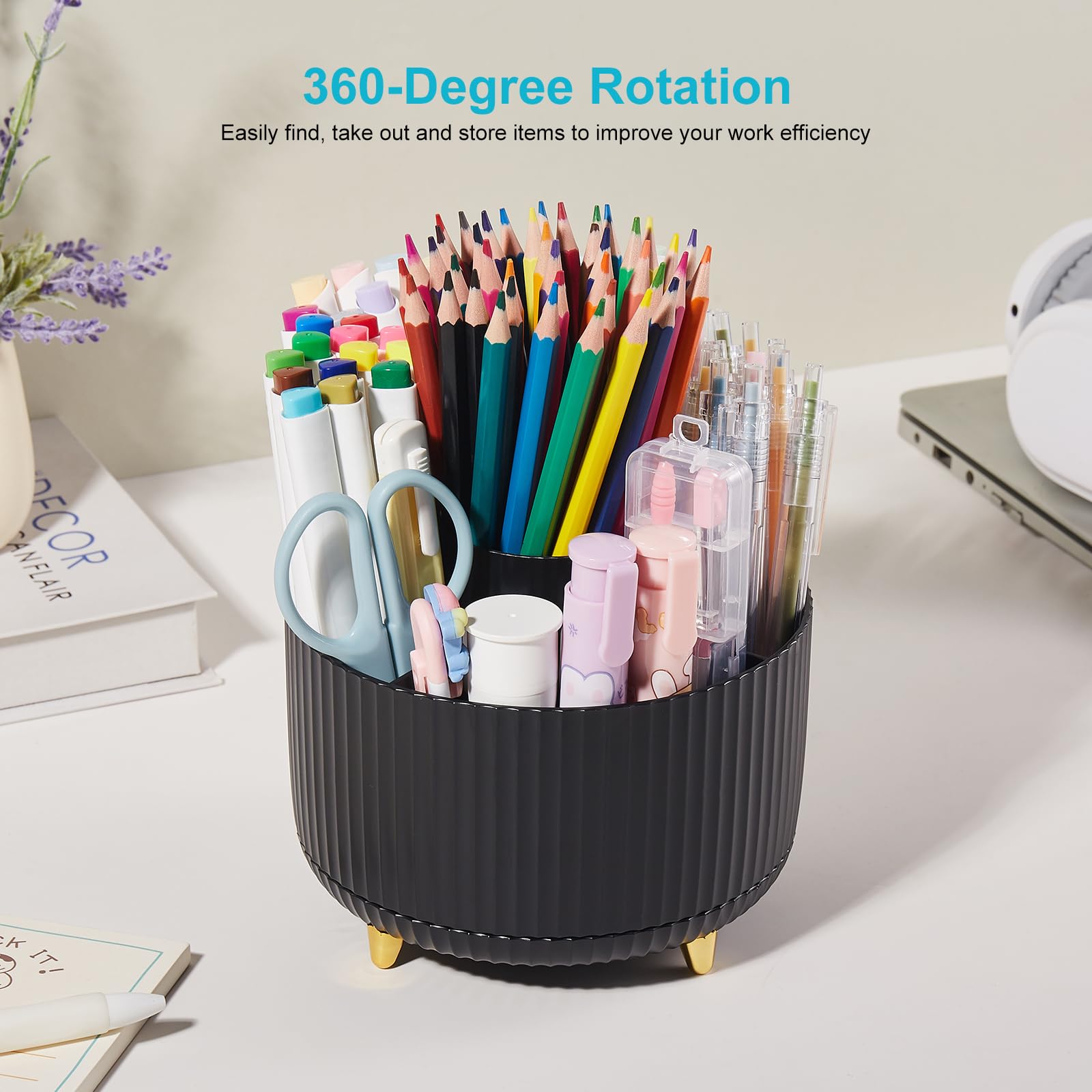 Lolocor Desk Pencil Pen Holder, 5 Slots 360 Degree Rotating Pencil Pen Organizers Desk Organizers for Office Accessories Shool S