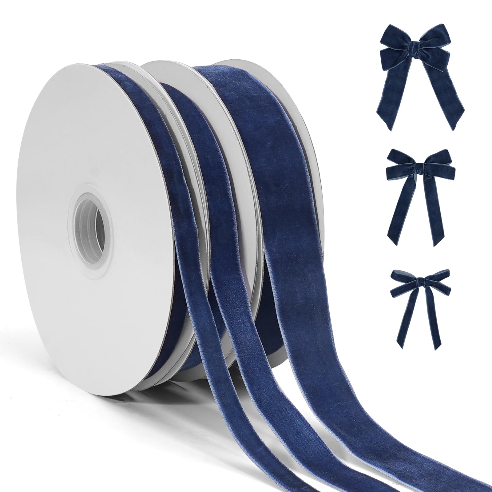 Navy Blue Velvet Ribbon for Gift Wrapping, 3 Rolls Vintage Thin Velvet Ribbon Set for Christmas Tree Decoration, 3/8, 5/8, 1 inc
