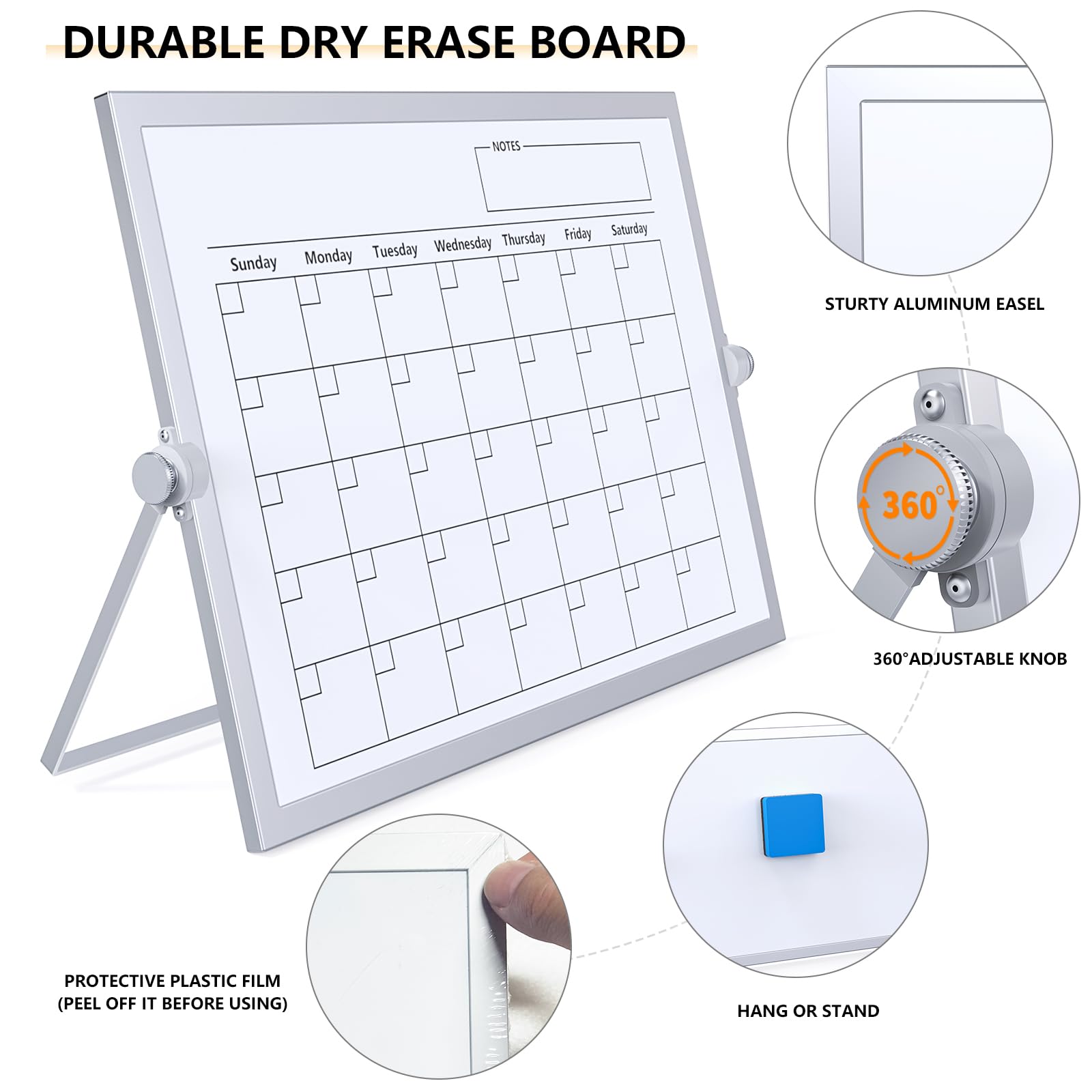 Laokiiy Dry Erase White Board, 16X12IN Magnetic Desktop Whiteboard Calendar with Stand, 8 Markers, 4 Magnets, 1 Eraser, Portable