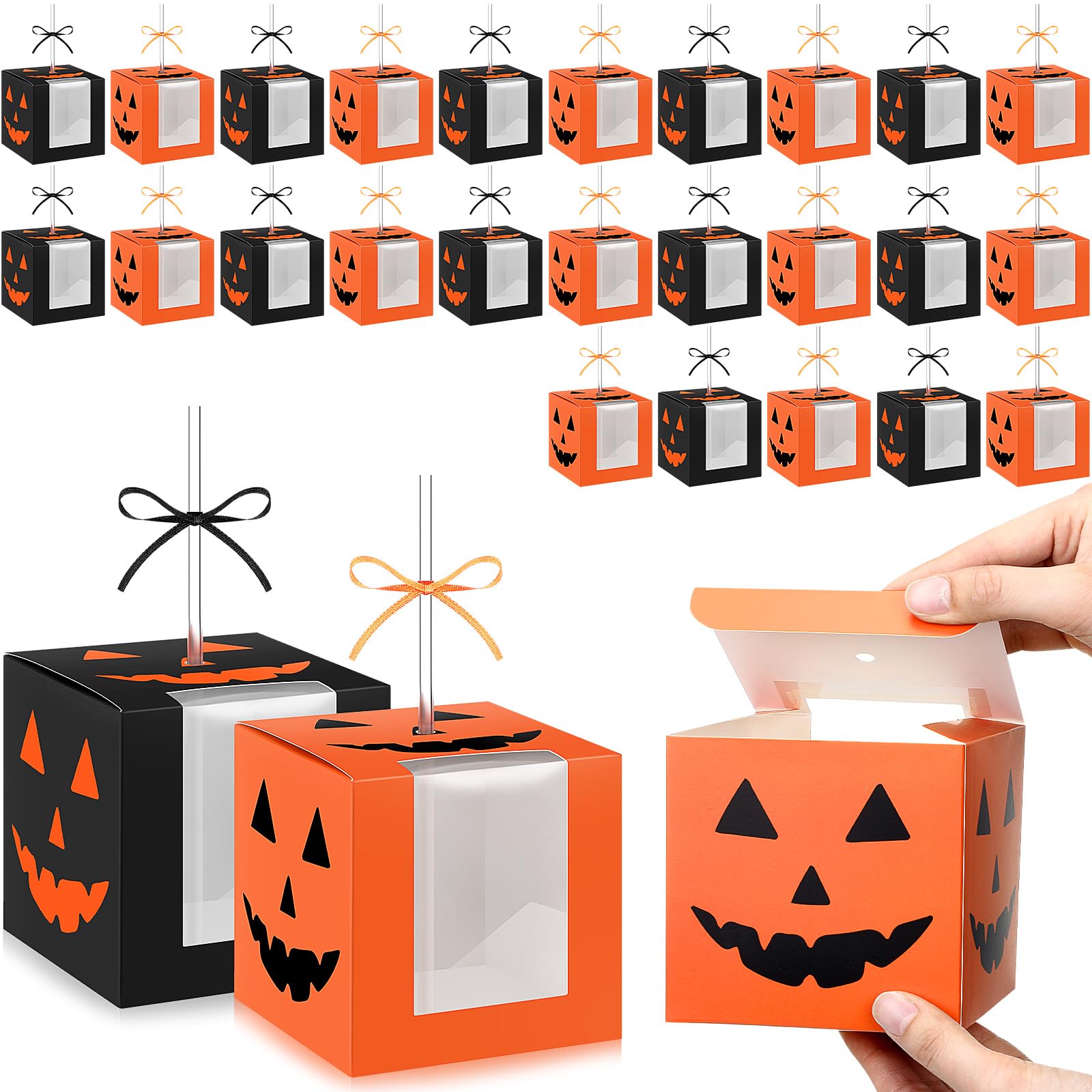 Motiskyy 48 Sets Halloween Candy Apple Boxes with Holes Sticks and Ribbons 4x4x4 Inch Caramel Apple Gift Box Pumpkin Cake Candy 