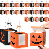 Motiskyy 48 Sets Halloween Candy Apple Boxes with Holes Sticks and Ribbons 4x4x4 Inch Caramel Apple Gift Box Pumpkin Cake Candy 