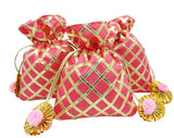 brown leaf 5x7 in Peach Gotta Check Potli Bags Jewelry Pouch Best for Wedding Anniversary Party Supply Return Gifting Bags (10)