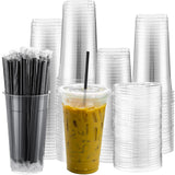 Nuogo 100 Set 32oz Clear Plastic Cups with Flat Lids and Straws, PET Plastic Cups with Lids Colored Straws Drinking Disposable C