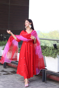 Anni Designer Women'S Cotton Blend Anarkali Embroidered Kurta With Pant & Dupatta (Gsk-Red-Nw_M_Red_Medium),Red,M,,,