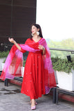 Anni Designer Women'S Cotton Blend Anarkali Embroidered Kurta With Pant & Dupatta (Gsk-Red-Nw_M_Red_Medium),Red,M,,,