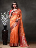 Satrani Womens Tabby Silk Banarasi Jacquard Saree With Unstitched Blouse Piece(3045S5614Na_Orange2)