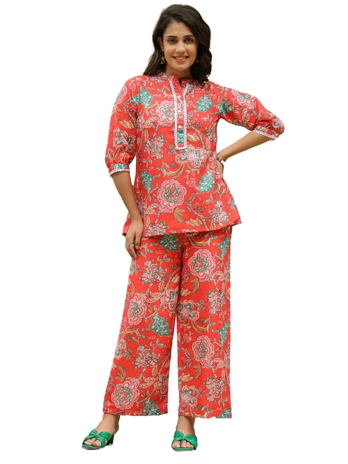 LERIYA FASHION Women's Rayon Printed Regular Kurta Set (LF-W2149&TR1116_Red_S)