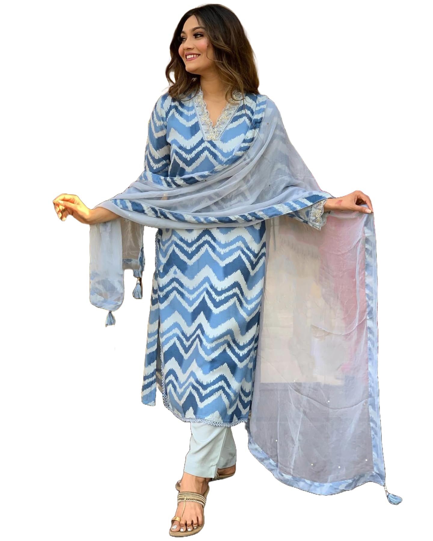 Anni Designer Women'S Cotton Blend Straight Printed Kurta With Pant & Dupatta (Aroor Blue_S_Blue_Small),Blue,S