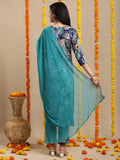 Anni Designer Women'S Rayon Blend Straight Printed Kurta With Pant & Dupatta (Rishi Blue_M_Blue_Medium),Blue,M,,,