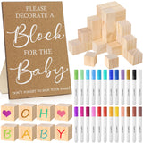 Tatuo 75 Pcs Baby Shower Games Sign Kit Including Decorate a Block Game Sign 50 DIY Wooden Block 24 Acrylic Paint Marker Baby Sh