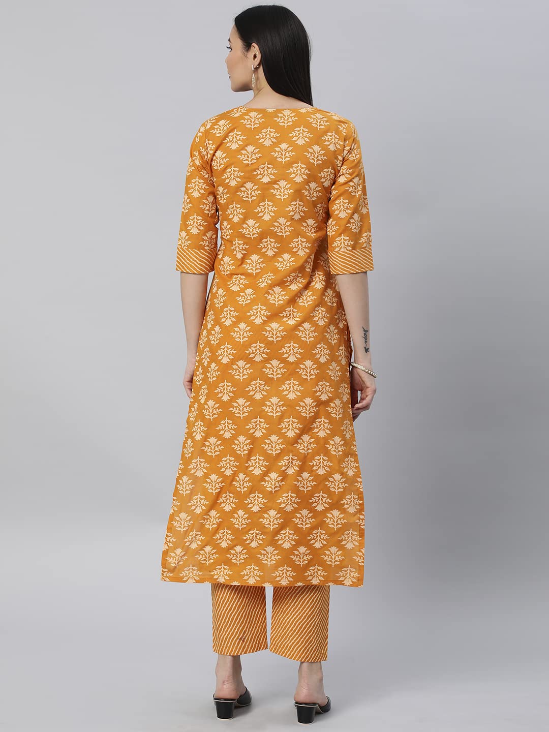 Anni Designer Women'S Cotton Blend Straight Printed Kurta With Pant (Kidaya Yellow-Nw5_L_Yellow_Large),Yellow,L,Cotton Blend,Regular,Pants