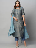 Anni Designer Women'S Cotton Blend Straight Printed Kurta With Pant & Dupatta (Luis Firoji_L_Blue_Large),Blue,L,,,