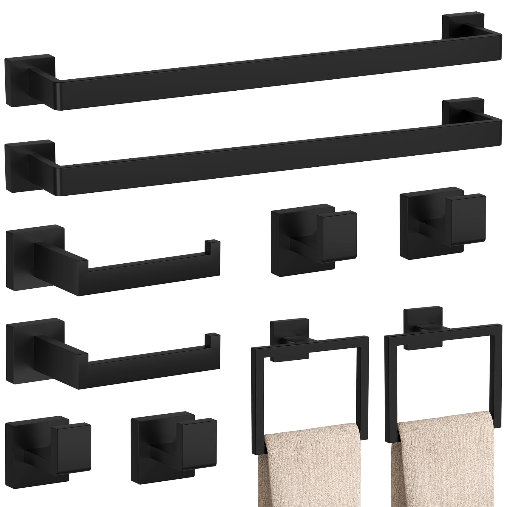 10-Pieces Matte Black Bathroom Accessories Set, 23.6 Inch Bath Towel Bar Set, SUS 304 Stainless Steel Bathroom Hardware Set, Tow