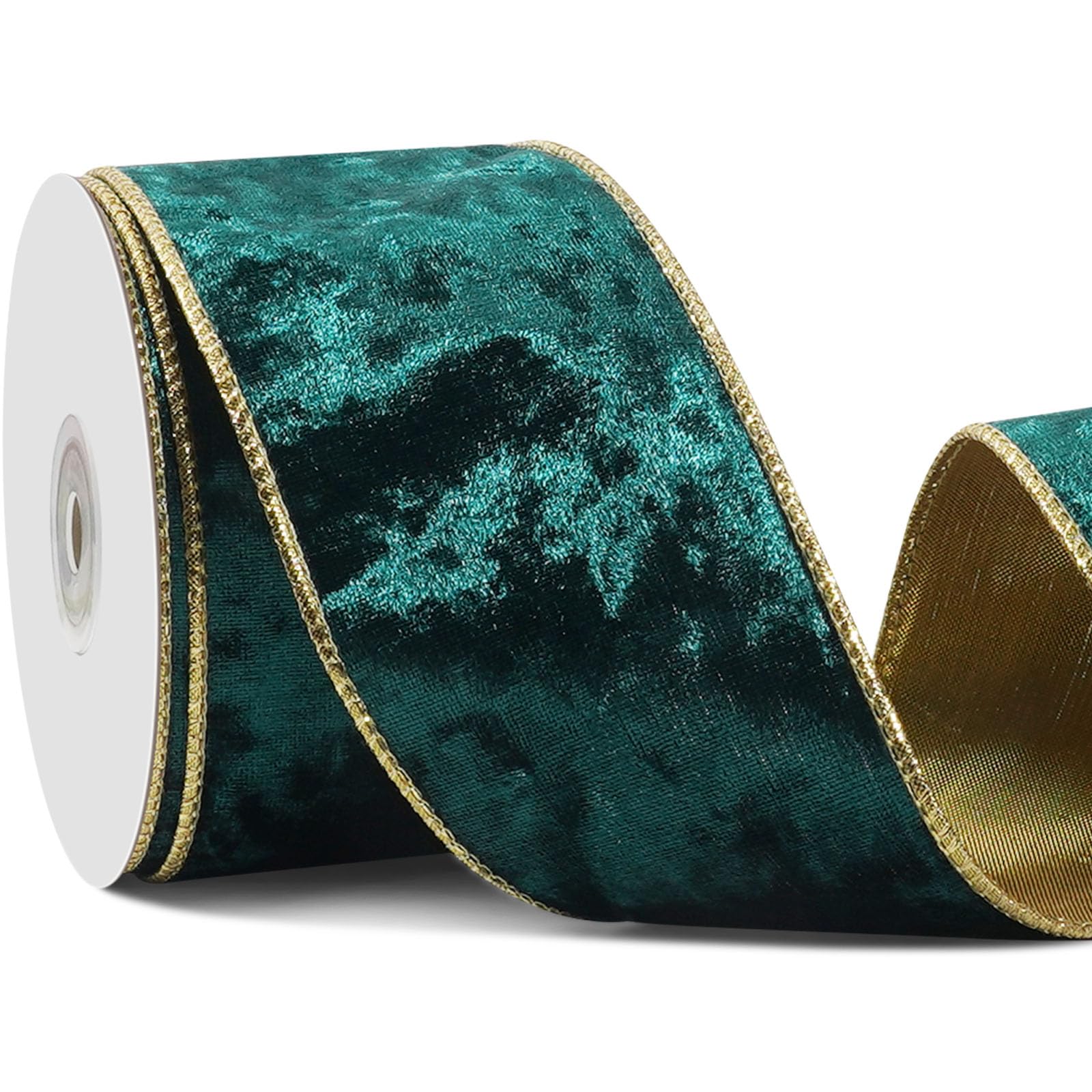 Green Wired Velvet Ribbon, Dark Green Christmas Ribbon Wired, 2.5 inch10 Yards Vintage Wide Green and Gold Ribbons for Chris