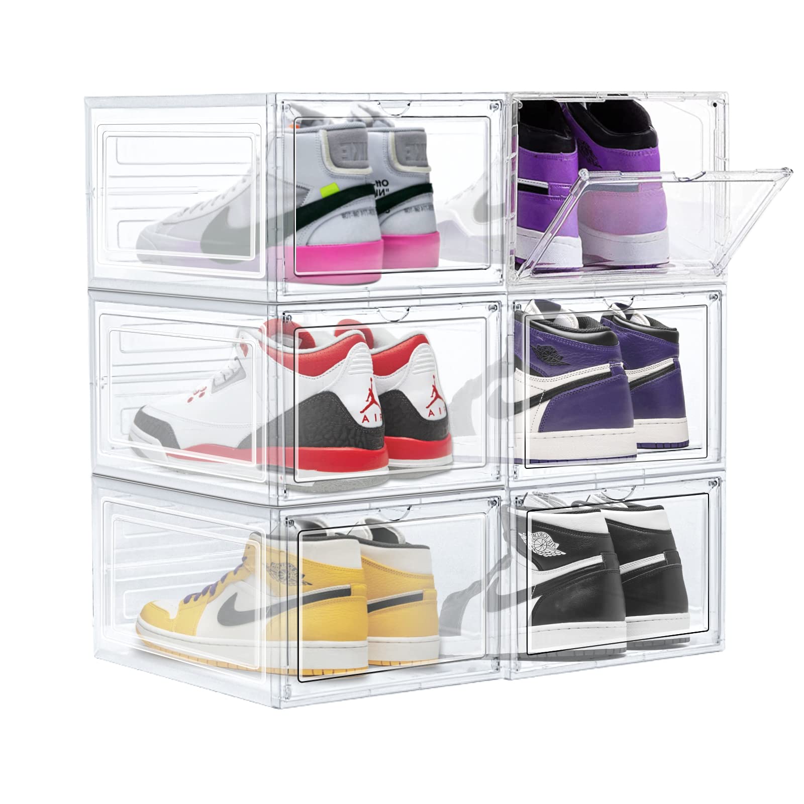 Upgrade Harder Solid Plastic Shoe Organizer, Shoe Storage with Magnetic Front Door, 6 Pack Shoe Boxes Clear Plastic Stackable, S