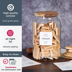 1 Gallon Large Glass Cookie jar with Airtight Acacia lids - Thicken Big Food Storage Containers with 42 Kitchen Waterproof Pantr