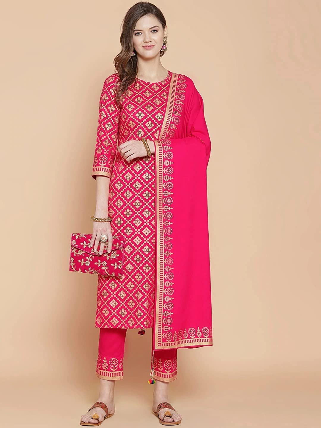 Anni Designer Women'S Straight Cotton Kurta With Palazzo & Dupatta (Navlik-Beige-001_M_Beige_Medium),Multicolour,M,Cotton,Straight,Dupatta, Palazzo