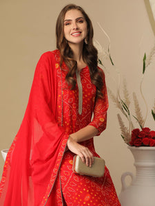 Anni Designer Women'S Cotton Blend Bandhani Printed Straight Kurta With Pant & Dupatta (Turae-Red-Nw_S_Red_Small),Red,S,,,