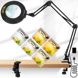 KMDES 12X & 30X Magnifying Glass with Light, Ultra Long 3 Section Swing Arm LED Desk Lamp with Large Clamp, 5 Color and Brightne