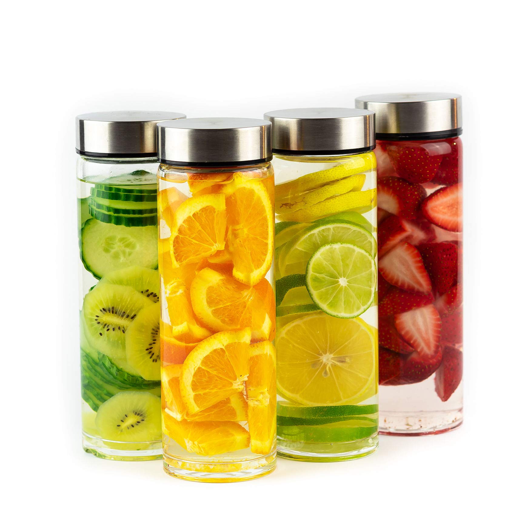 Juice Bottles - 4 Pack Wide Mouth Glass Bottles with Lids - for Juicing, Smoothies, Infused Water, Beverage Storage - 16oz, BPA 